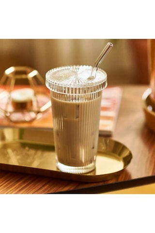 400 Ml Cam Kapaklı Ve Cam Pipetli Şeffaf Bardak Isıya Dayanıklı, Şık Ve Çok Fonksiyonlu Tasarım Cam - Şeffaf