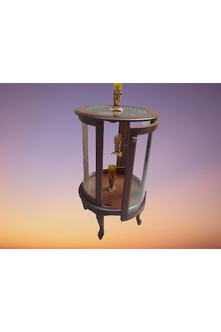 Gümüşlük Yuvarlak MODEL 98 cm Parlak ceviz Kayın Lükens Aslan ayak 2 raf Bombe Cam El Yapım