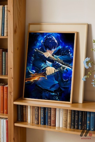 Demon Slayer Mavi Savaşçı Poster, Ahşap Çerçeveli Duvar Tablosu - Anime Severlere Özel Hediye
