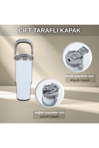 Pipetli Termos Bardak 900 Ml Paslanmaz Çelik -çift Kullanımlı Kapak Beyaz