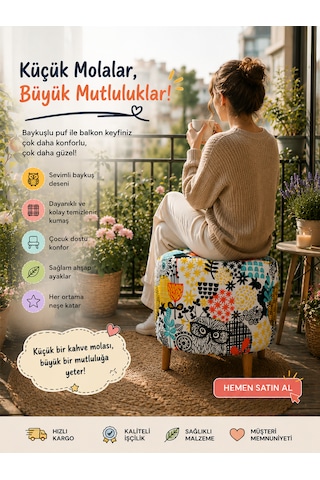 Diday Baykuş Puf Trend Puf Koltuk Puff Bench Dekoratif Bohem Doğal Gürgen Ayaklı Çok Amaçlı Bahçe Ev Balkon Çok Renkli
