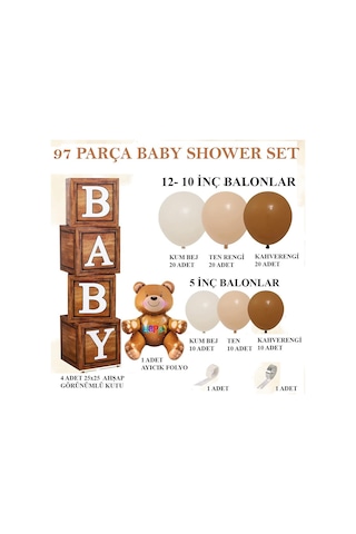 Oyuncak Ayı Temalı Baby Shower Set Ahşap Görünümlü Baby Kutu Ve Retro Balon Zincir Set