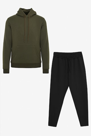 AC&Co / Altınyıldız Classics Erkek Haki - Siyah Pamuklu Standart Fit Normal Kesim Kapüşonlu Kanguru Cepli Eşofman Takımı Hakı-sıyah Haki - Siyah