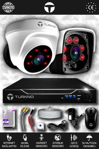 Turkno 2 Kameralı Pania 1 İç Kamera Set HDD'siz Full HD Gece Görüşlü Güvenlik Kamerası Sistemi