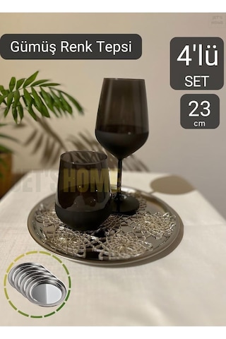 4'lü Set Lüx Sunum Tepsisi Paslanmaz Kahve Tepsisi Çelik Tepsi Yuvarlak Çeyizlik Tepsi 23 Cm Çok Renkli