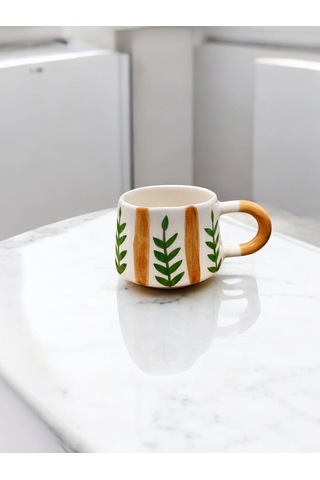 Seramik Kupa Bardak Yeşil Yapraklı Tasarım