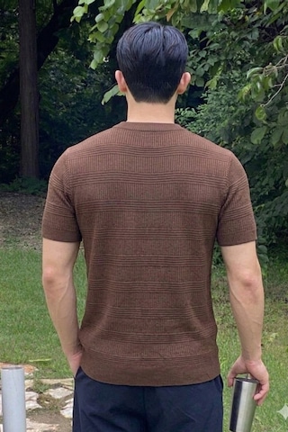 Tarz Cool Fitilli Triko Tişört Erkek Slim Fit Yazlık Premium Basic Üst Kahverengi