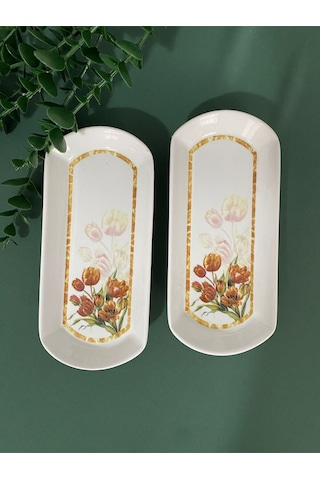 Vintage Lale 2 Adet Oval Kahvaltı Tabağı Kızıl Kahve