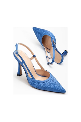 Arkası Açık Saten Özel Tasarım Stiletto MAVİ