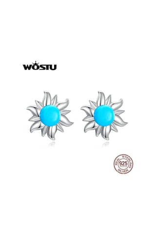 Wostu 925 Ayar Gümüş Minik Güneş Saplama Küpeler Kadınlar İçin Trendy Güzel Düğün Takısı Mavi Turkuaz Piercing Küpe