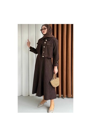 Hatun Kahverengi Gold Düğmeli Crop Ceket Ve Jile Kot Takım Bordo Bordo