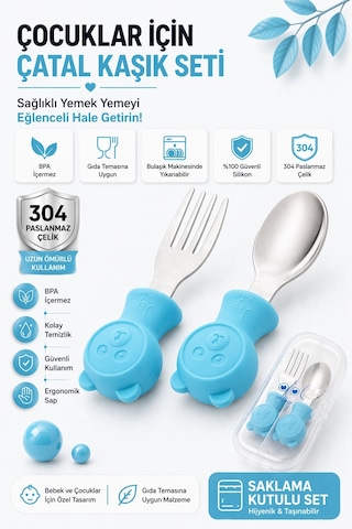 Jojobebek Kaşık Çatal Seti, Ergonomik Kısa Saplı Silikon, Paslanmaz Çelik Uçlu, Saklama Kutulu, (9-24 Ay) (MAVİ)