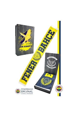 Fenerbahçe Lisanslı Established 1907 Fenerbahçe Şal Atkı Kanarya Baskılı Ahşap Kutulu Sarı - Lacivert