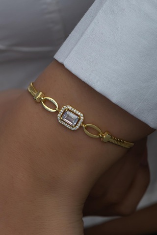 Nereze 925 Ayar Gümüş Gold Kaplama Balık Sırtı Model Tektaş Bileklik