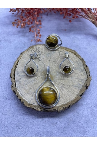 Nsa Gümüş Kaplan Gözü Taşı 925 Ayar Doğal Taş El İşi Gümüş Set