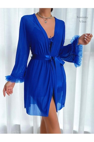İntive Lingerie Sugar Cool Transparan Tülden Volan Detaylı Mini Gecelik Sabahlık Saks Mavisi