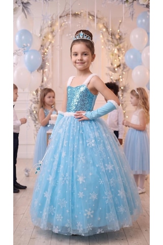 Butik Happy Kids Elsa Kız Çocuk Prenses Kostümü Askılı Payetli Kar Taneli Elbise - Taç Asa Eldiven Hediyeli Mavi