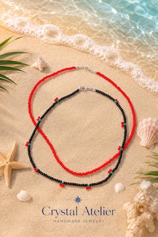 Crystal Atelier 2'li Kiraz Kolye Seti El Yapımı Kum Boncuk Siyah Kırmızı İkili Kadın Choker Kolye Kombini Kırmızı - Siyah