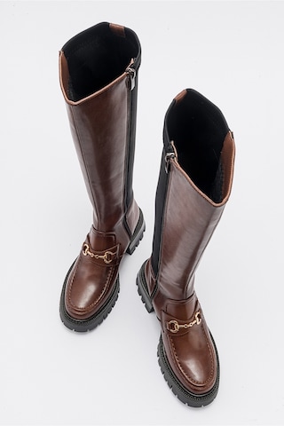 Luvishoes Chapel Taba Cilt Tokalı Streç Detaylı Kadın Çizme Taba