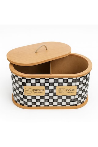 Dekorasyaa 2 Bölmeli Patates Soğanlık - Bambu - Oval Dama Desen Beyaz - Siyah