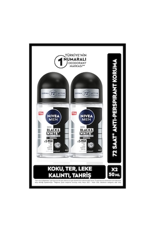 Men Erkek Roll-on Deodorant Black&white Invisible Original 50ml, 72 Saat Anti-perspirant, X2 Adet