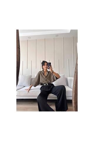 Feg Store Haki Yarasa Kol Duble Manşetli Modal Oversize Gömlek