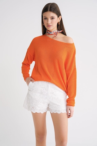 6933 Kadın Kayık Yaka İnce Mevsimlik Triko Kazak Turuncu Turuncu