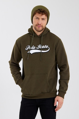 Erkek 3 İplik Pamuklu İçi Polarlı Baskılı Regular Fit Kapüşonlu Kanguru Cepli Haki Sweatshirt Haki