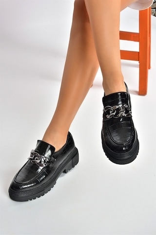 Fox Shoes Siyah Kroko Baskı Kalın Tabanlı Günlük Kadın Ayakkabı