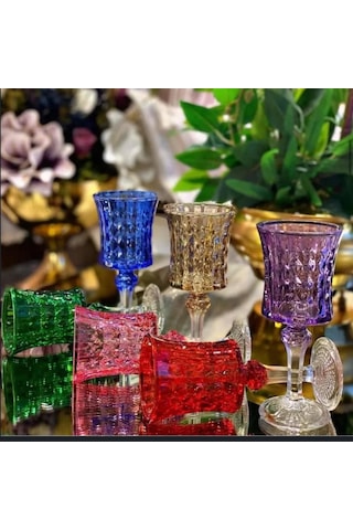 Plt Design El İşi 6'lı Rengarenk Su-Kahve Yanı Bardağı Kristal Ayaklı Su Bardağı