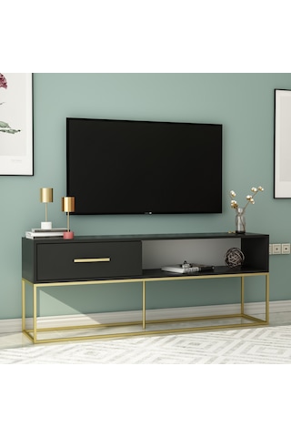 Mira Tv Ünitesi 160 Cm Kapaklı Ve Raflı, Gold Ayak, Modern Tasarım - Siyah/gold Siyah/gold