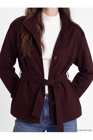 Lcw Modest Bordo Dik Yaka Kuşaklı Oversize Kadın Trençkot