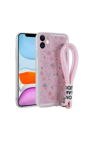 Apple Uyumlu iPhone 11 Kılıf Desenli El Askılı İpli Zore Astana Silikon Kapak Çilek