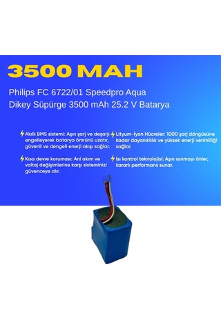 Philips Fc 6722/01 Speedpro Aqua Dikey Süpürge 3500 Mah 25.2 V Batarya Uyumlu Uzun Ömürlü, Yüksek Performans Pil