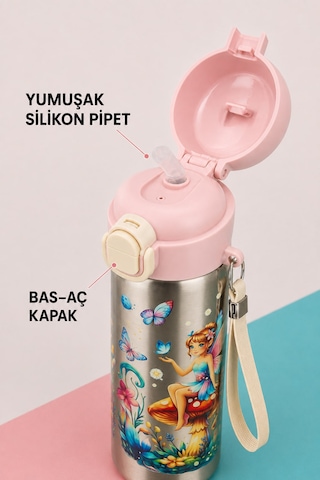 Siply Desenli Paslanmaz Çelik Okul Matarası 600ml Pembe Toz pembe