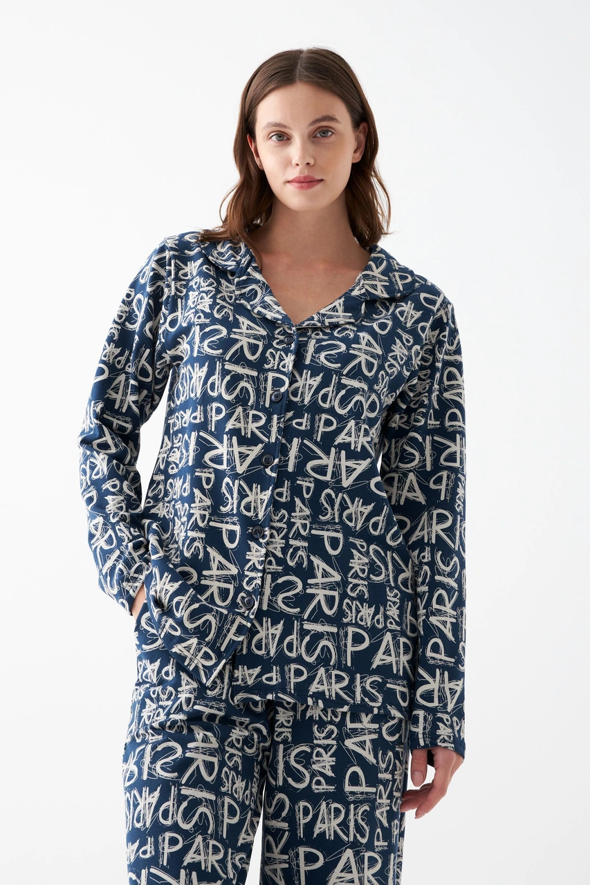 Akbeniz Kadın Lacivert Paris Yazı Desenli Düğmeli Pamuklu Pijama Takımı Lacivert