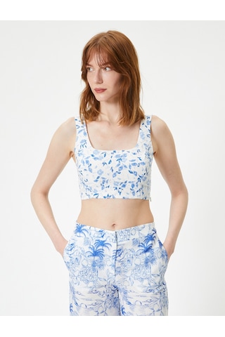 Koton Çiçeli Crop Üstü Fisto Kare Yaka Askılı Mavi Desenli 4sak30063ew Mavi