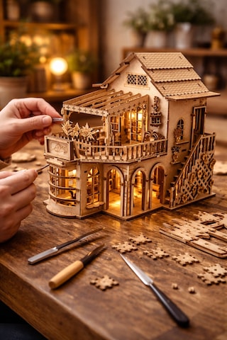 Işıklı Detaylı Kahve Dükkanı Diorama Maketi Ahşap Hobi Seti