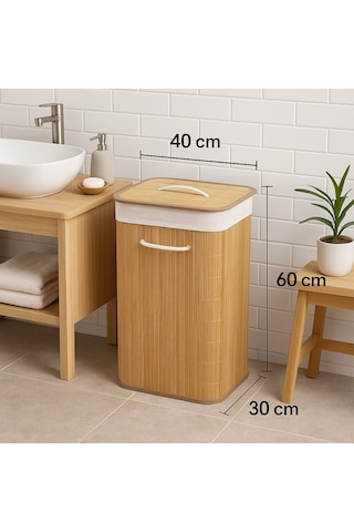 Dekorasyaa Bambu Katlanabilir Kirli Çamaşır Sepeti Dikdörtgen - 40x30x60cm Bambu