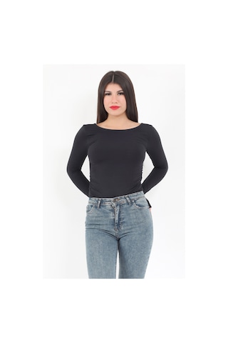 Giysa Kadın Siyah Sırt Dekolteli Uzun Kollu Çıtçıtlı Esnek Zıbın Body - 2440 Siyah