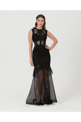 Balık Form Sıfır Yaka Tül Abiye-siyah Siyah