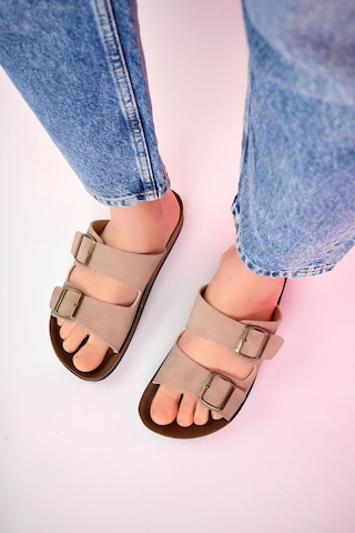 Muggo Rehda Garantili İki Toka Rahat Taban Ayarlanabilir Unisex Terlik Bej