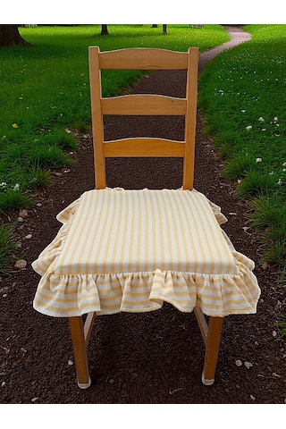 Sarı Çizgili Buldan Yıkanmıs Keten 4 Tarafı Fırfırlı Sandalye Minderi Renkli