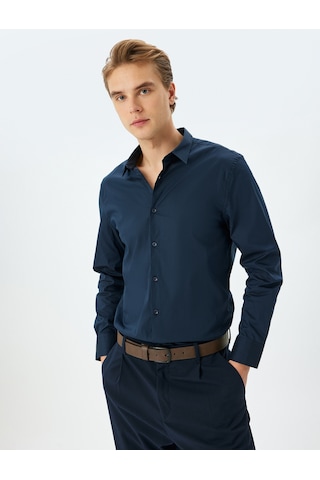 Koton Yarım İtalyan Yaka Pamuklu Uzun Kollu Slim Fit Gömlek Lacivert 5sam60055hw Lacivert