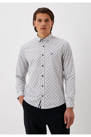 Erkek Desenli Gömlek Mavi Baskılı Slim Fit Düğmeli Yaka Arma Logo Detay Poplin Gömlek Ncs Jeans 7182-mavi Mavi