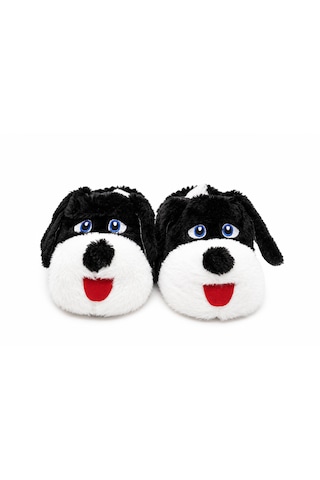 Modafocus Sevimli Köpek Figürlü Sessiz Kaydırmaz Taban Peluş Unisex Ev Pandufu Sevgili Kombin Terliği Siyah