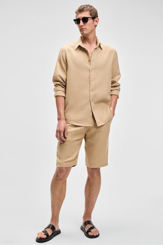 Grimelange Jens Erkek %100 Pamuk Müslin Kumaş Yanları Cepli Slim Fit Dar Kesim Bej Şort