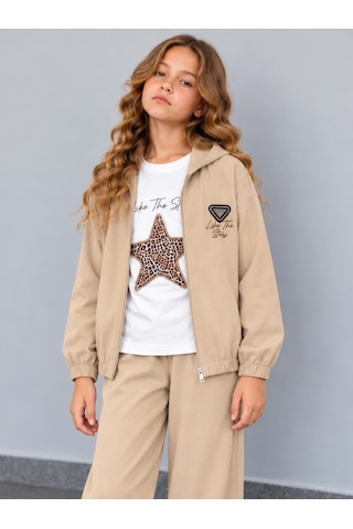 Kokoş Bebe Kız Çocuk Dokuma Viskon 3'lü Takım Leopar Yıldız Detaylı Kapüşonlu Ceket Tişört Bol Paça Pantolon - 5/13 Yaş - 31984 Krem