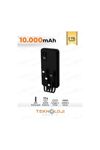 10.000 Mah Powerbank Elfenerli Dijital Led Gösterge Kendinden Kablolu Taşınabilir Şarj Aleti 4 Çıkış Siyah