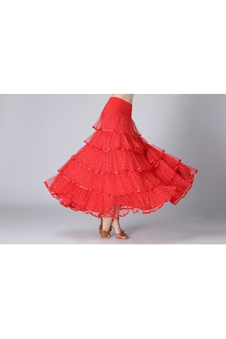 Sones Pullu Salıncak Modern Dans Uzun Etek Yarışma Kostümü Kırmızı